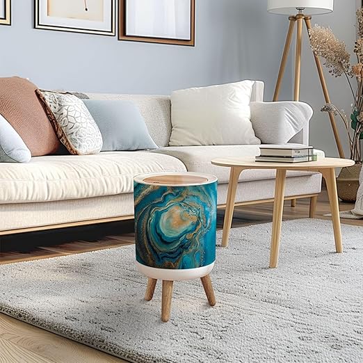 Trash Can with Lid Acrylic Fluid Art Blue turquoise waves gold spots inclusions Abstract Press Top Round Small Garbage Bin with Wooden Legs Waste Basket for Kitchen Bedroom Nursery 7L/1.8 Gallon