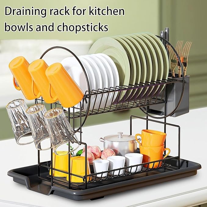 Black Multifunctional Kitchen Bowls and Chopsticks Drain Rack Iron Wire Large Capacity Kitchen Utensils Sink Storage Rack Space-Saving