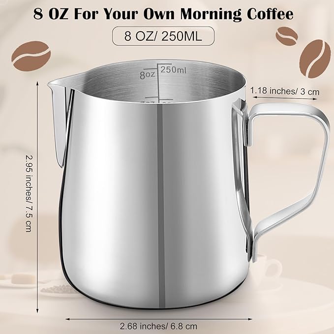 Honeydak 12 Pcs Milk Frothing Pitcher 304 Stainless Steel Steaming Pitchers for Coffee Bar Cappuccino Barista Tools Milk Jug Steamer Frother Cup (8 oz)
