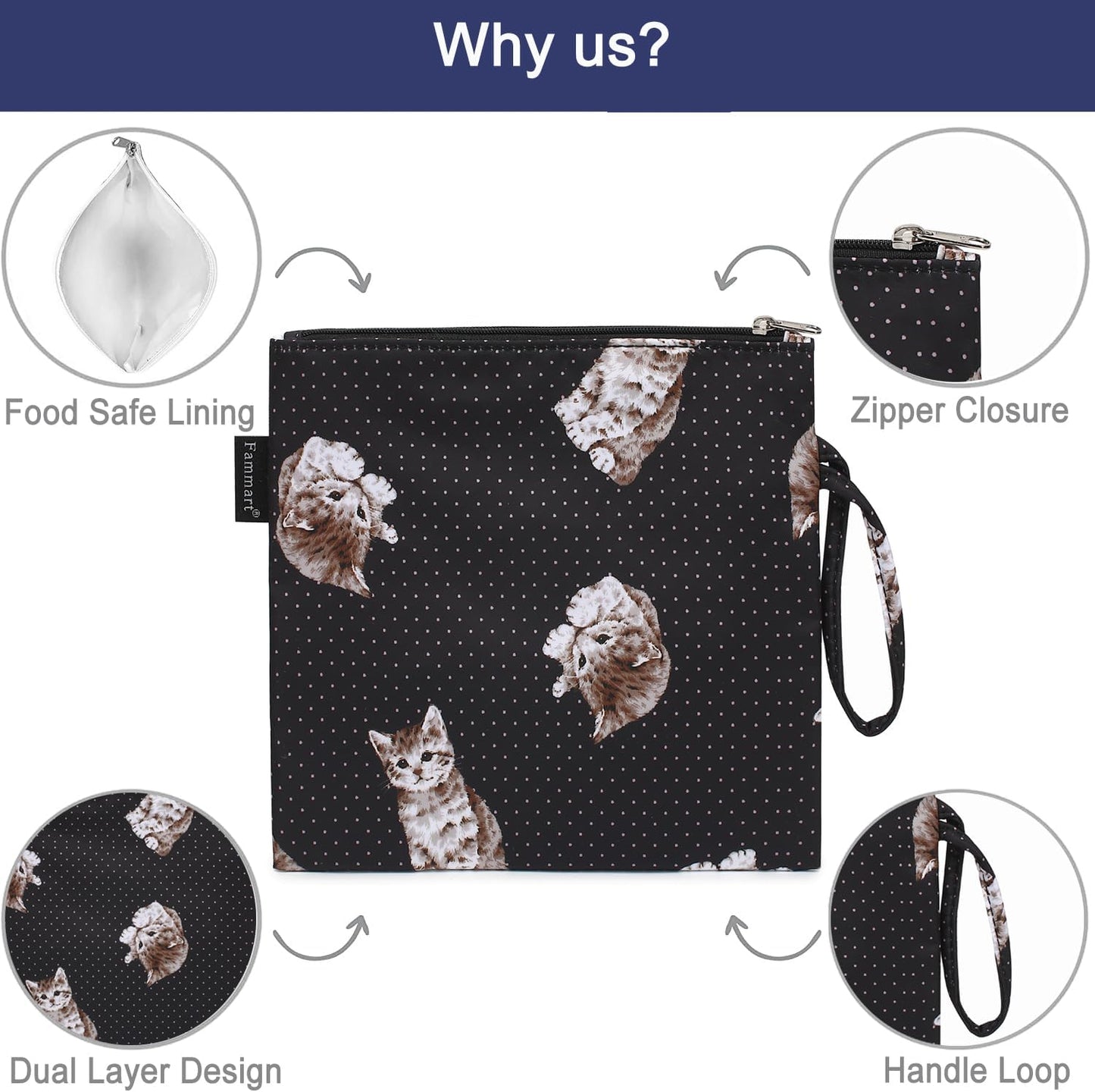 Reusable Sandwich Bag/Snack Bag for Kids & Adults, Dual Layer Lunch Bag with Handle, Washable, Food Safe, BPA Free (2-Pack, Dot&Cat)