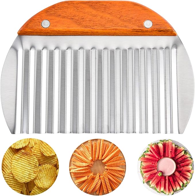 Suuker Large Crinkle Cutter for Veggies,French Fry Cutter with Wooden Handle,Potato Slicer French Fries Chopper,Potato Chip Slicer,Crinkle Cut Fries,Wavy Knife for Cucumber,Carrot,Carrot Chopper