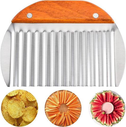 Suuker Large Crinkle Cutter for Veggies,French Fry Cutter with Wooden Handle,Potato Slicer French Fries Chopper,Potato Chip Slicer,Crinkle Cut Fries,Wavy Knife for Cucumber,Carrot,Carrot Chopper