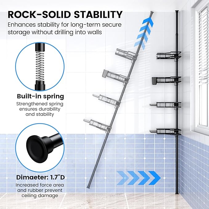 Aitatty Corner Shower Caddy Tension Pole: 4 Tier adjustable Rustproof Bathroom Organizer Shelves - Bathtub shampoo rack 31-124 inch