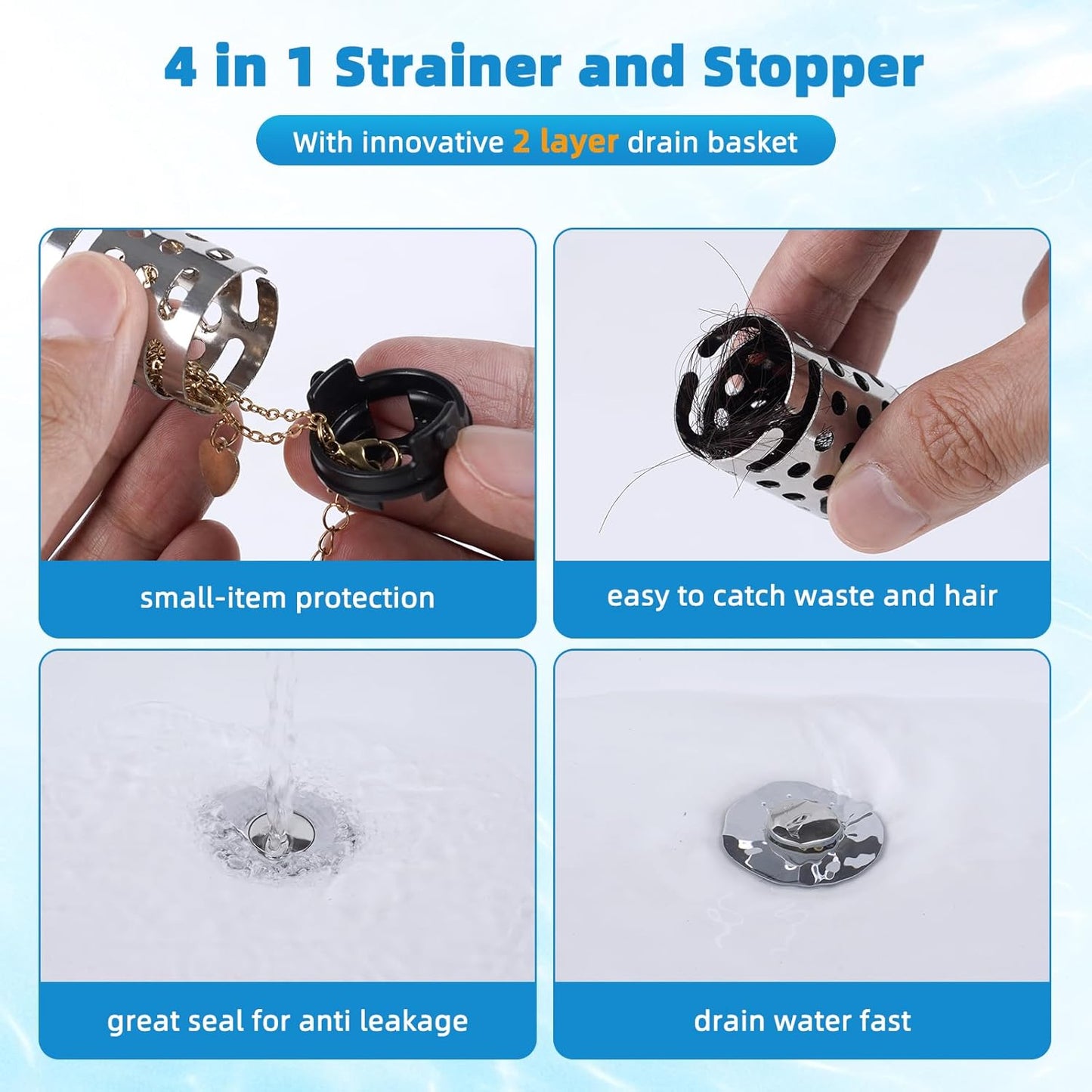 Universal Bathroom Sink Stopper Hair Catcher Upgraded with 2-Layer Detachable Filter Basket – 4 in 1 Pop Up Sink Drain Strainer, Anti-Clog, Odor-Block, Universal Fit for 1.1''~2.36'' Sinks, Chrome