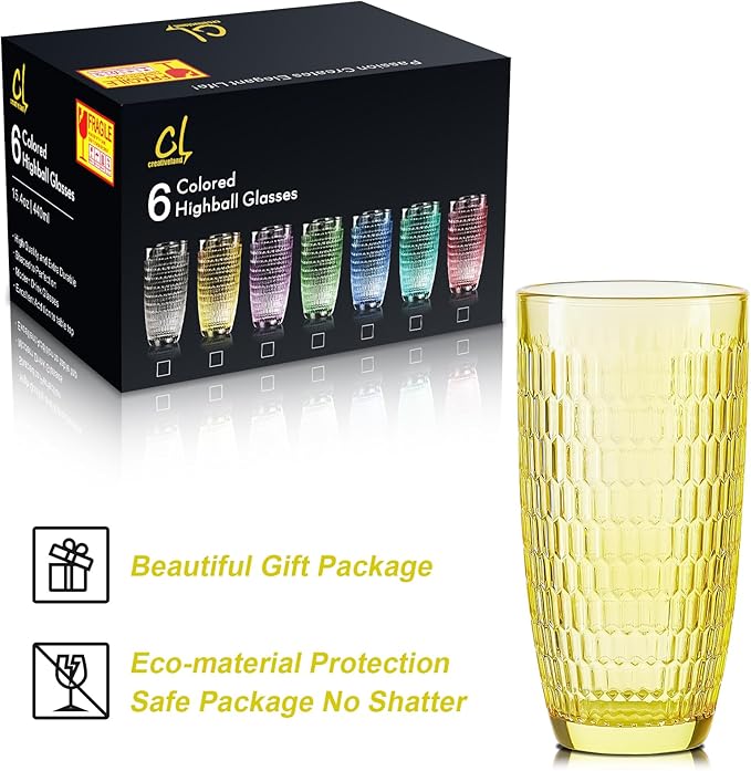 CREATIVELAND Highball Beverage Glasses Set of 6 Romantic Colored Thick & Heavy Base Big Capacity 14.87oz|440ml, Drinking Glass Tumblers for Iced Tea, Water, Soda & Juice and Cocktails (Yellow)