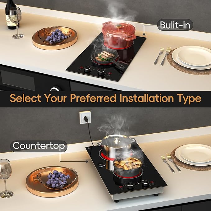 2 Burner Electric Cooktop 120V, 1800W Radiant Electric Stove Top with Countertop & Built-in Design, 12 inch Knob Control Ceramic Cooktop with Safety Lock, 9 Level Power, 99 Min Timer - Plug in