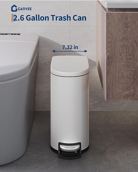 Garvee 13 gal (50 L) and 2.6 gal (10 L) Metal Trash Can Combo Set, Rustproof Garbage Can with Lid, Step-on Trash Bin with Inner Bucket, Rear Handle, White