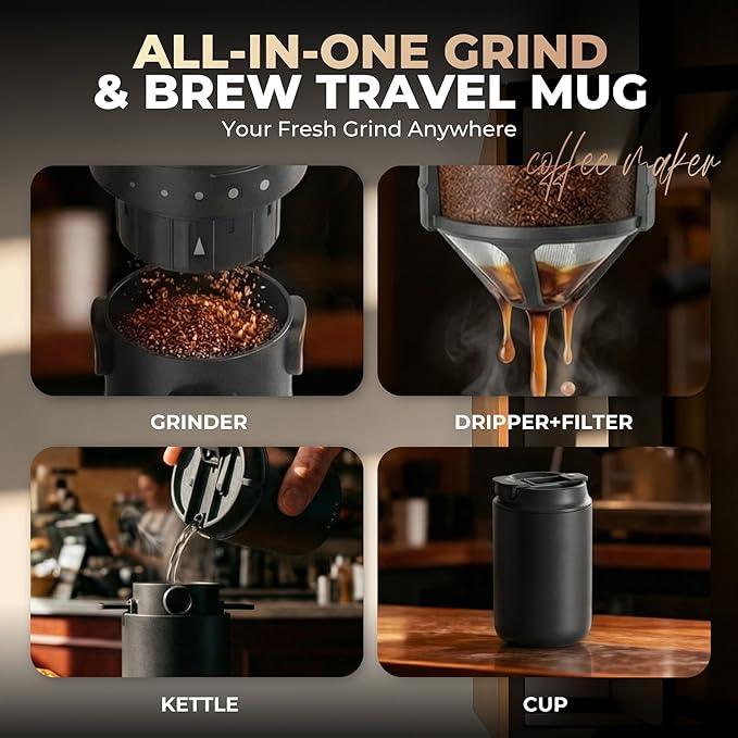 HAUSHOF Portable Coffee Maker, Travel Coffee Maker Battery Operated Small Pour Over Set, Compact Coffee Maker with Electric Grinder & Insulated Mug for Travel, Camping, Car