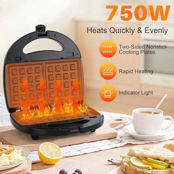 6 in 1 Waffle Iron Set, Panini Press Grill and Electric Sandwich Maker with Removable Non-Stick Plate, Ideal for Cooking Grilled Cheese, Tuna Melts, Burgers