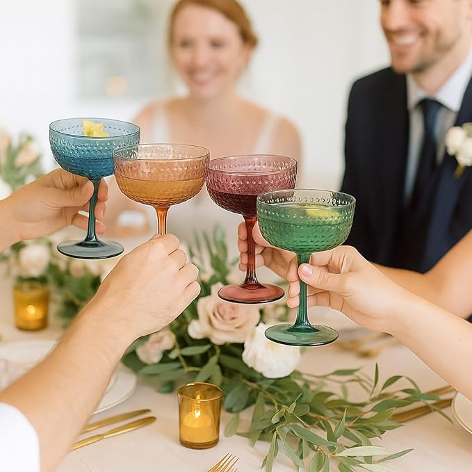 Khen Muted Hobnail Coupes Vintage Textured Pastel Style Cocktail Martini Champagne Saucer Retro Colored Glass Goblets |Set of 4 | 10.15oz Durable Glassware Decorative Barware Classic Party Drink