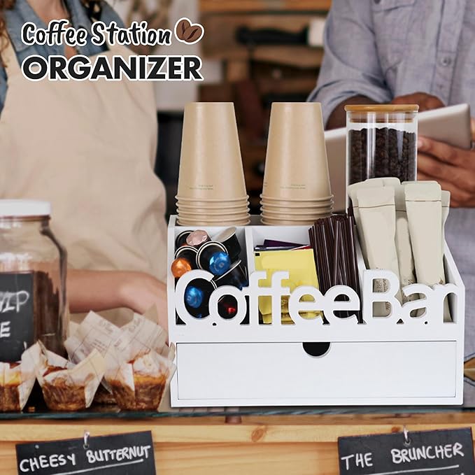 Coffee Bar Organizer for Countertop – Wooden Coffee Station with Drawer, Tea and K Cup Storage Condiment Rack, Coffee Pod Holder for Home and Office Organization (Drawer - White)