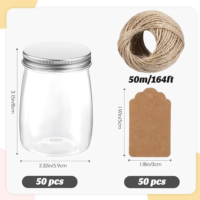 Nitial 50 Pack 5 oz Plastic Jars with Lids Bulk Yogurt Containers with Lids Gift Jars with DIY Craft Twine and Labels Gifts for Birthday Wedding Halloween Christmas Party Favor(Silver,Aluminum Lid)