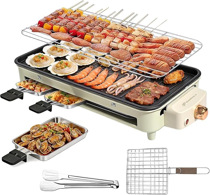 1500W Electric Indoor Grill, 3 in 1 Smokeless Korean Barbecue Grill with Net & Non-Stick Removable Plate and Velcro, Temperature Control & Dishwasher Safe, Smokeless Korean BBQ for Kitchen Party