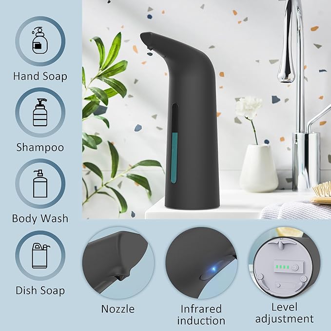 Automatic Soap Dispenser Touchless,400ML Hand & Dish Countertop Electric Liquid Rechargeable Dispenser with Sensor,Modern 4 Gear Adjustable Waterproof Kitchen Auto Soap Pump（Black）
