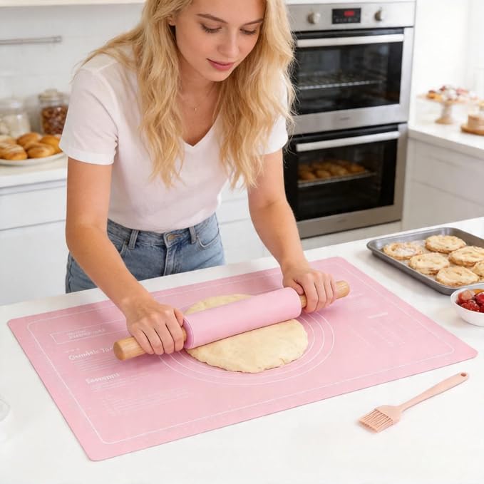 3Pcs Silicone Rolling Pin for Baking Sets,15Inch Pastry Dough Roller with Wooden Handle Silicone Mat and Brush, Non Stick Surface Rolling Pins for Dough Cookie Baking Supplies Kitchen Accessories