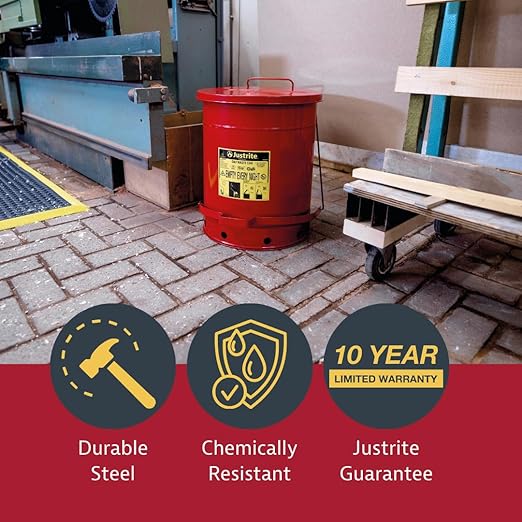 Justrite 21 Gallon Galvanized Steel Oily Waste Can, 23.5" x 18" Metal Oil Rag Safety Can with Foot Operated Self-Closing Lid for Oil Rag Disposal, Made in The USA, Red, 09700
