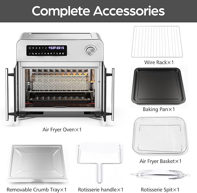 OSTBA French Door Air Fryer Toaster Oven Combo, 24 QT Extra Large Capacity 10-in-1 Airfryer Oven, 30% Faster 90% Less Oil, 102 Recipes & 7 Accessories, Stainless Steel