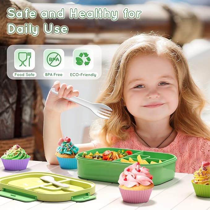 Bento Lunch Box Leakproof 44oz Kids Lunch Box Containers with 4 Compartment, Bento-Style Lunch Bento Box with Cutlery, Reusable Kid Back to School Meal/Snack Packing BPA Free (Green)