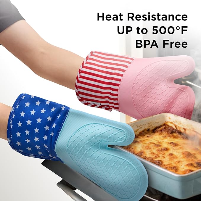 Kitchen Mama UltraShield Silicone Oven Mitts – Heat Resistant, Non-Slip Surface, Durable, Safe, Pot Holders, Flexible Waterproof Glove Set, Perfect for Cooking, Baking, Grilling, BBQ (USA Flag)