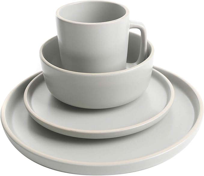 Gibson Home Zuma 16 Piece Round Kitchen Dinnerware Set, Dishes, Plates, Bowls, Mugs, Service for 4, Matte Stoneware, Light Grey
