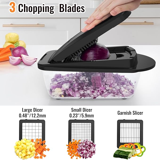 8 Blade All-in-1 Vegetable Chopper Mandoline Slicer with Container, Food Chopper, Onion Chopper, Veggie Cutter for Salad, Kitchen Gadgets Accessories Essentials, Black