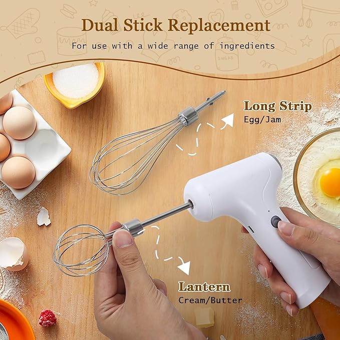 Cordless Hand Mixer, Handheld Electric Whisk with 3 Speed Modes, Hand Held Egg Beater with 2 Detachable Stir Whisks (White Silver)