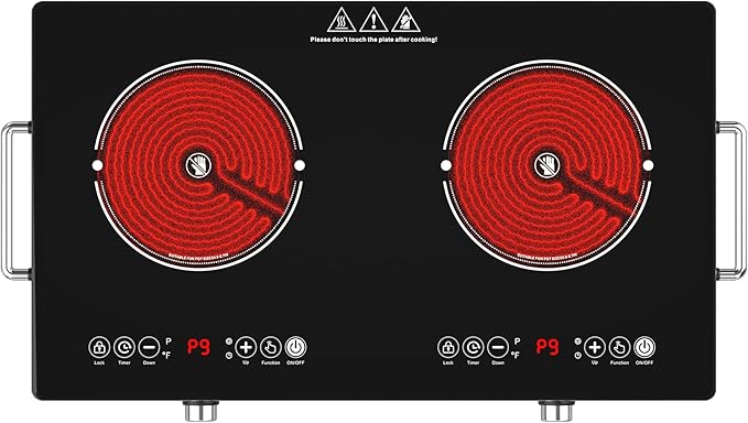 4000w Electric Cooktop 2 Burners, 23'' Electric Stove Top 110v with Plug in, GTKZW Knob Control Countertop & Built-in Ceramic Cooktop, 9 Power Levels, Child Lock, Timer, Over-Heat Protection