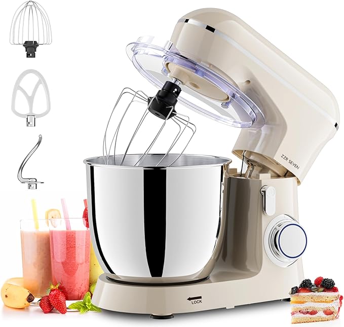 Stand Mixer, 5.5 Quart, 10 Speed Tilt-Head Kitchen Mixer, Copper Motor, Household Food Mixer with Bowl, Flat Beater, Dough Hook, Egg Whisk (450W Cream)