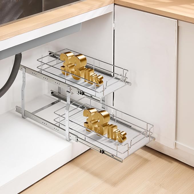 VEVOR Pull Out Cabinet Organizer, 12"W x 21"Dx15.2"H Heavy Duty Slide Out Pantry Shelves, Chrome-Plated Steel Roll Out Drawers for Home,13.5"Wx22"Dx19"H Inside Kitchen Cabinet, Bathroom, Under Sink
