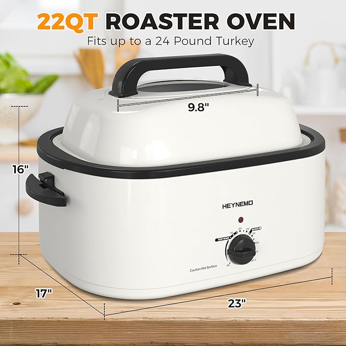 Roaster Oven 22Qt, 1450W Electric Turkey Roaster Oven Buffet with Self-Basting Lid, Cool-Touch Handles, Removable Pan and Rack, Stainless Steel, White