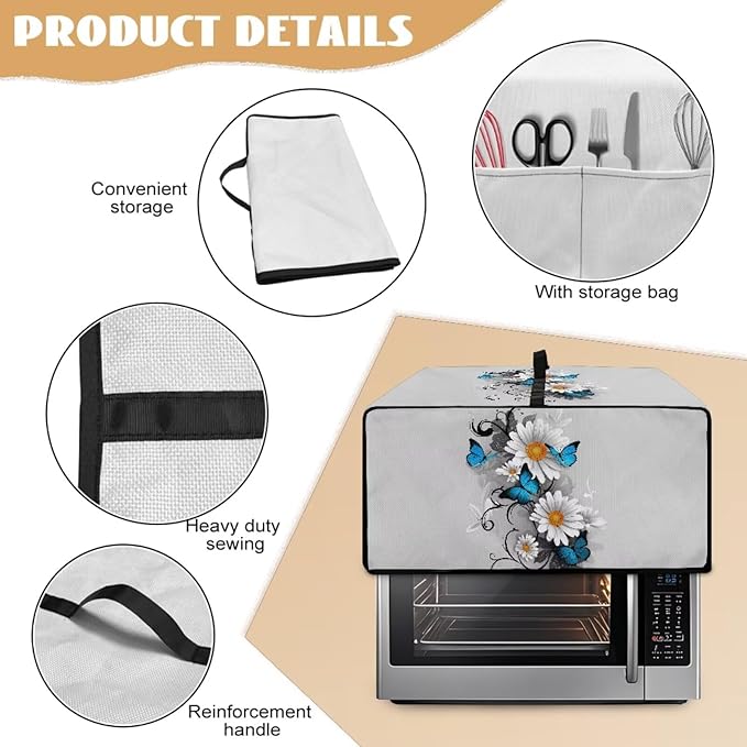 Toaster Oven Cover Dust-Proof Countertop Convection Oven Cover Protective Smart Microwave Oven Accessories and Decor, L, 18.5 x 22.5 x 13 inches, Daisy Butterfly Gray