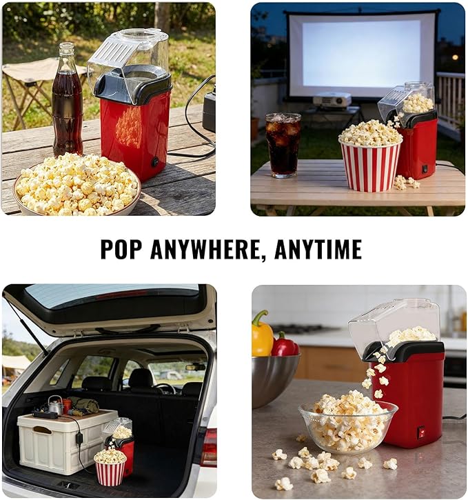Hot Air Popcorn Popper, Mini Electric Popcorn Maker, Oil-Free Air Popper Up to 8 Cups in Minutes, Measuring Cup Butter Melting Tray, One-Touch Switch, Easy 1-2-3, Movie Night, Dorm(Red)