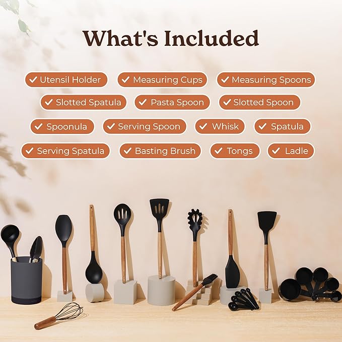 SMIRLY Kitchen Utensils Set – 22-Piece Silicone Cooking Utensils Set, Spatula Set with Holder, Wooden Handle Silicone Kitchen Gadgets for Nonstick Cookware