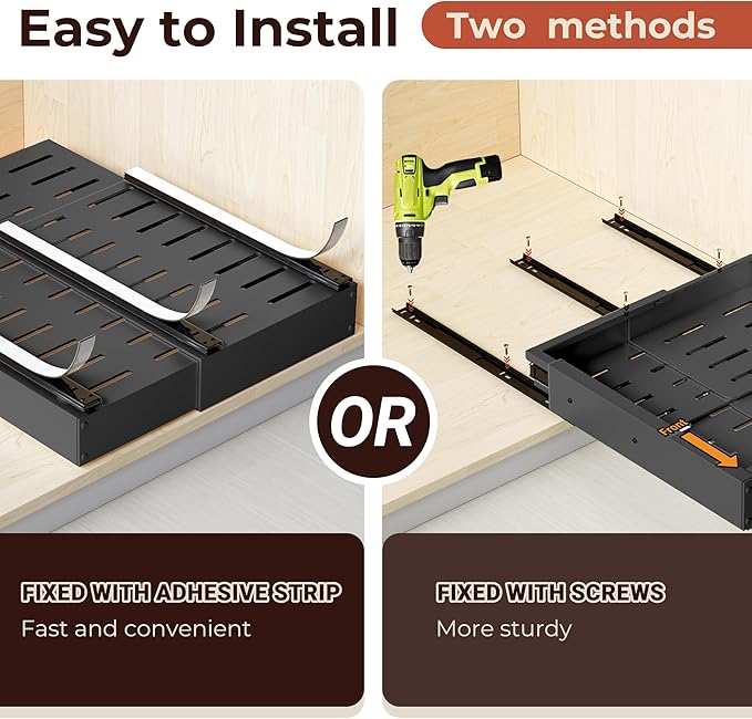 2 Pack Pull Out Cabinet Organizer, Drawers Slide Out Expandable Width (12"-19") and Depth (17"-23") With 3 Slides, Fixed with Adhesive Film and Nail for Cabinets in Kitchen, Pantry or Bathroom - Black