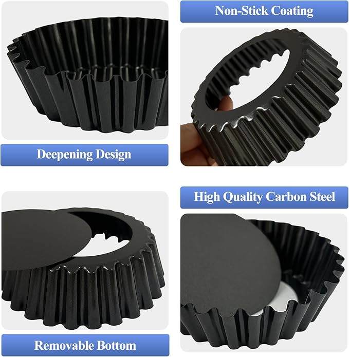 4 Pack Deep Tart Pans with Removable Bottom, 4-Inch Nonstick Quiche Pan with Silicone Basting Pastry Brush for Baking Treats, Pie, Quiches, Tartlets