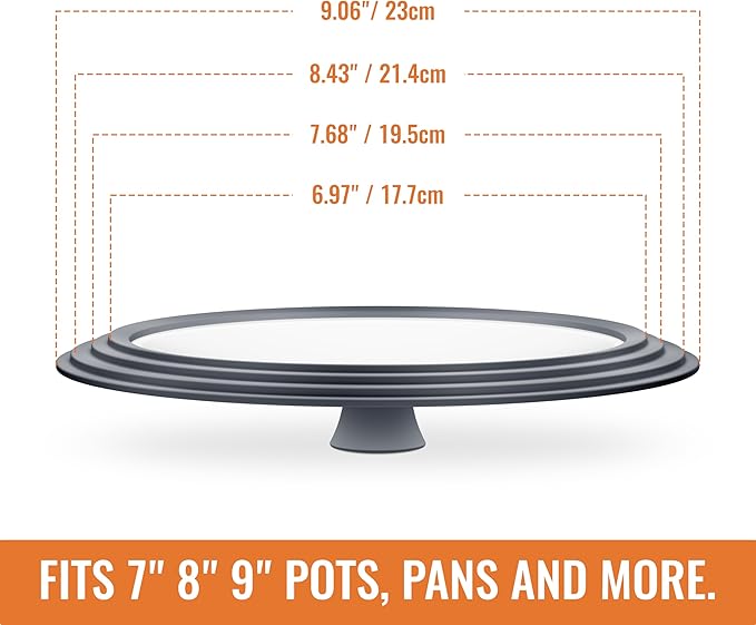 Universal Lids for Pots, Pans and Skillets, 7", 8" and 9" Pan Lid, Tempered Glass Pot Lid with Silicone Rim Heat Resistant, Replacement Pan Cover for Frying, Cookware & Bakeware Lids, Grey