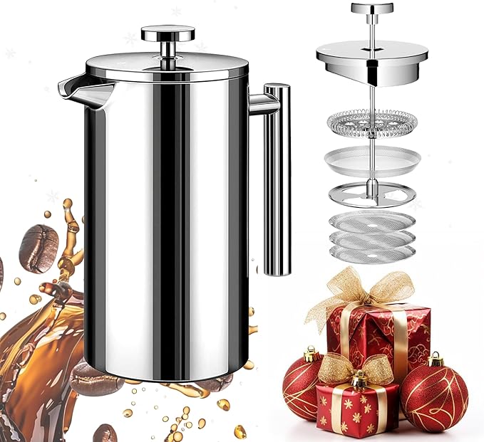 French Press Coffee Maker 34oz, Stainless Steel Double Wall Insulated, 3 Extra Filters & Coffee Spoon for Hot/Cold Brew, Durable Coffee Press for Home, Camping, Office - Silver