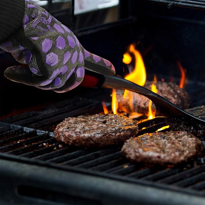 J H Heat Resistant Oven Glove:EN407 Certified 932 °F, 2 Layers Silicone Coating, Oven Mitts for Cooking, Kitchen, Fireplace,Camping, Grilling (Black/Purple, Extra Long Cuff)