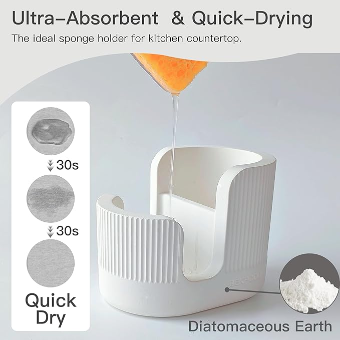 2-in-1 Diatomite Sponge Holder for Kitchen Sink, Quick-Drying Dish Sponge and Brush Holder, Dish Wand Holder, Diatomite Stone Sink Tray, Ultra Absorbent Sinks Caddy Organizer,White