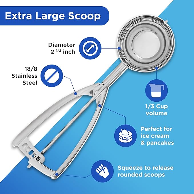 Jenaluca Extra Large Ice Cream Scoop - 1/3 Cup Disher Size #12 stainless steel scooper for food, cupcake batter & icecream