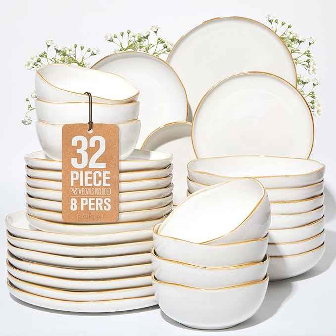 32 Piece White Dinnerware Set with Pasta Bowls, Reactive Glaze Stoneware for 8 | Perfect for Multi‑Course Dinners, Hosting Large Groups, Holiday Serving Needs