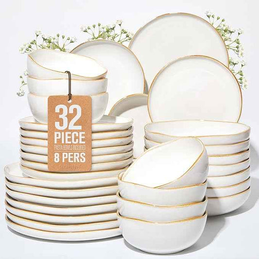 32 Piece White Dinnerware Set with Pasta Bowls, Reactive Glaze Stoneware for 8 | Perfect for Multi‑Course Dinners, Hosting Large Groups, Holiday Serving Needs