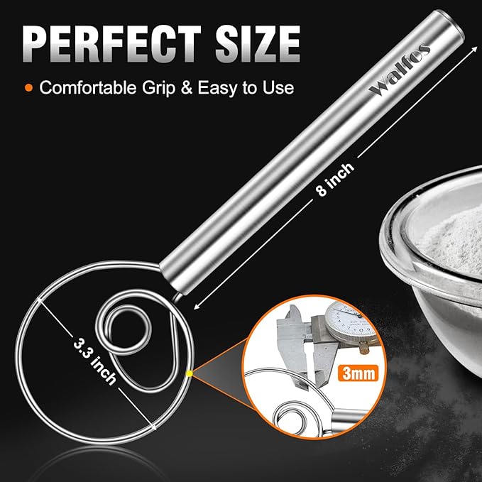 Walfos Danish Dough Whisk, Rustproof Stainless Steel Bread Whisk, Quick Mixing Bread Mixer, Dutch Dough Whisk for Cooking, Blending, Whisking, Stirring, Sourdough, Pizza, Pastry, Cake Batter…