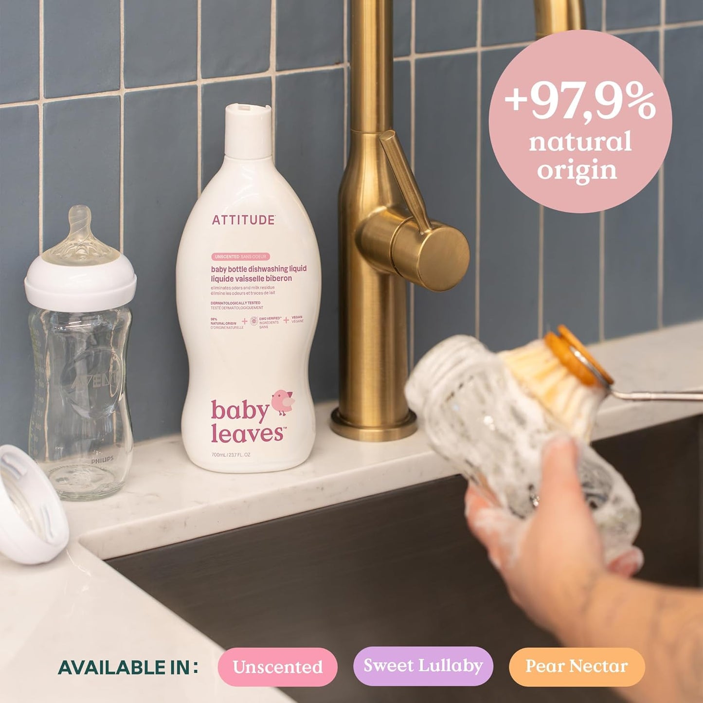 ATTITUDE Baby Dish Soap and Bottle Cleaner, EWG Verified Dishwashing Liquid, No Added Dyes or Fragrances, Tough on Milk Residue and Grease, Vegan, Pear Nectar, 23.7 Fl Oz