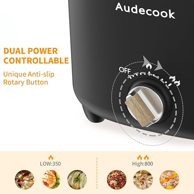 Audecook Hot Pot Electric, 2.5L Portable Nonstick Multicooker for 1-3 Persons, Honeycomb Texture Travel Electric Skillet with Dual Power Temperature Control for Steak/Egg/Noodles/Oatmeal (Black)