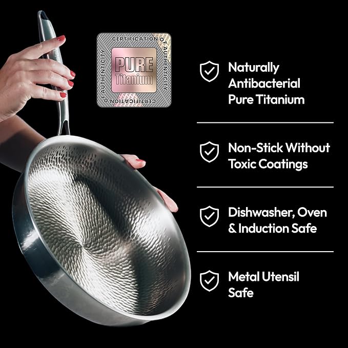 Plateful Titanium Pan For Cooking 12" - Pure, No Coating Non-Stick Titanium Cookware, Frying Pans, Hammered Pan, Safe For Oven, Induction & Cooktops Up To 750°F, Includes Lid