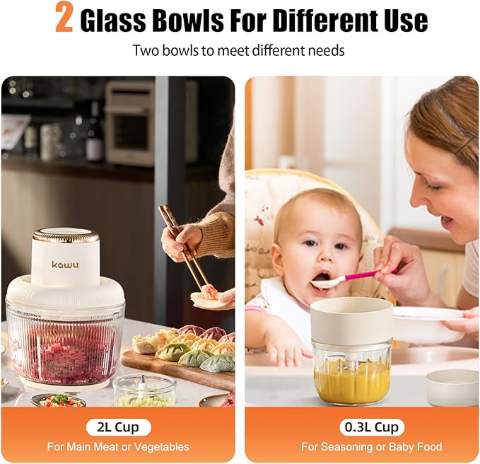 Kawu Electric Food Processor, Electric Meat Grinder & Vegetable Chopper with 2 Bowls, 200W Mini Food Processors with Stainless Steel Blades, Garlic Grinders for Onion, Fruit for Home and Kitchen