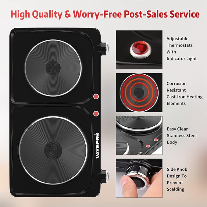 Hot Plate for Cooking, Vayepro 1800W Portable Electric Stove,Double Electric Burner for Cooking,UL listed,Cooktop for Dorm Office Home Camp, Compatible with All Cookware