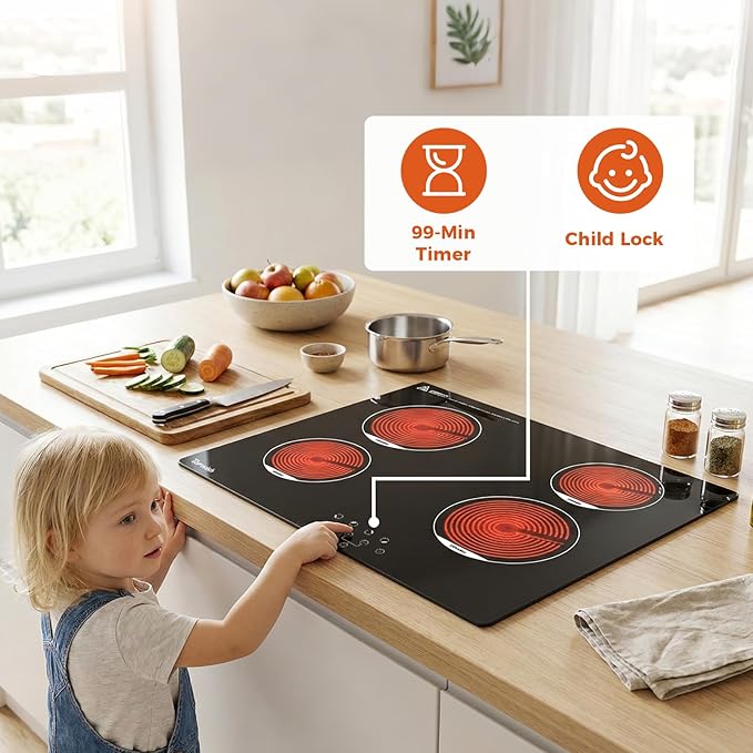 TOPWISH 24 Inch Electric Cooktop, 4 Burners Built-in Electric Stove Top Hot Plate, 6000W Drop-in Ceramic Cooktop Kitchen Stoves with Touch Control, Safety Lock, Timer, 220-240v (Hard Wired No Plug)
