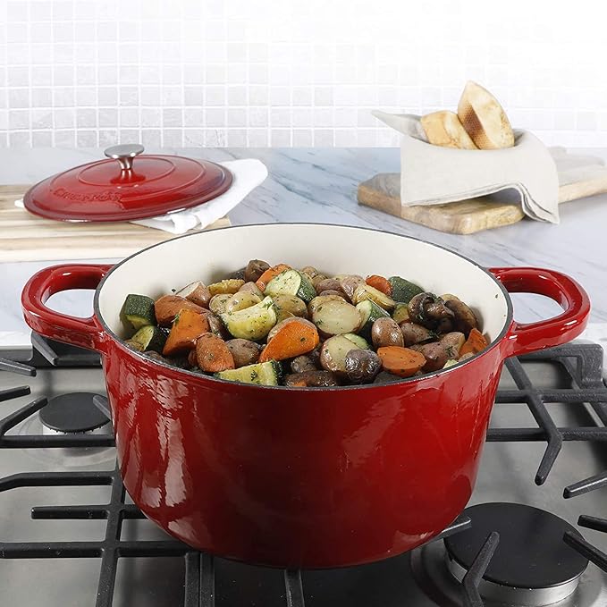 Crock-Pot Artisan 7-Quart Round Enameled Cast Iron Dutch Oven – Scarlet Red, Heavy-Duty Cookware for Slow Cooking, Baking, Roasting with Lid